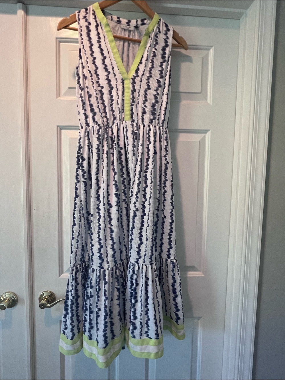 Cabana Life UPF 50+ Sleeveless White Maxi Dress with Navy Wave Print & Lime Trim